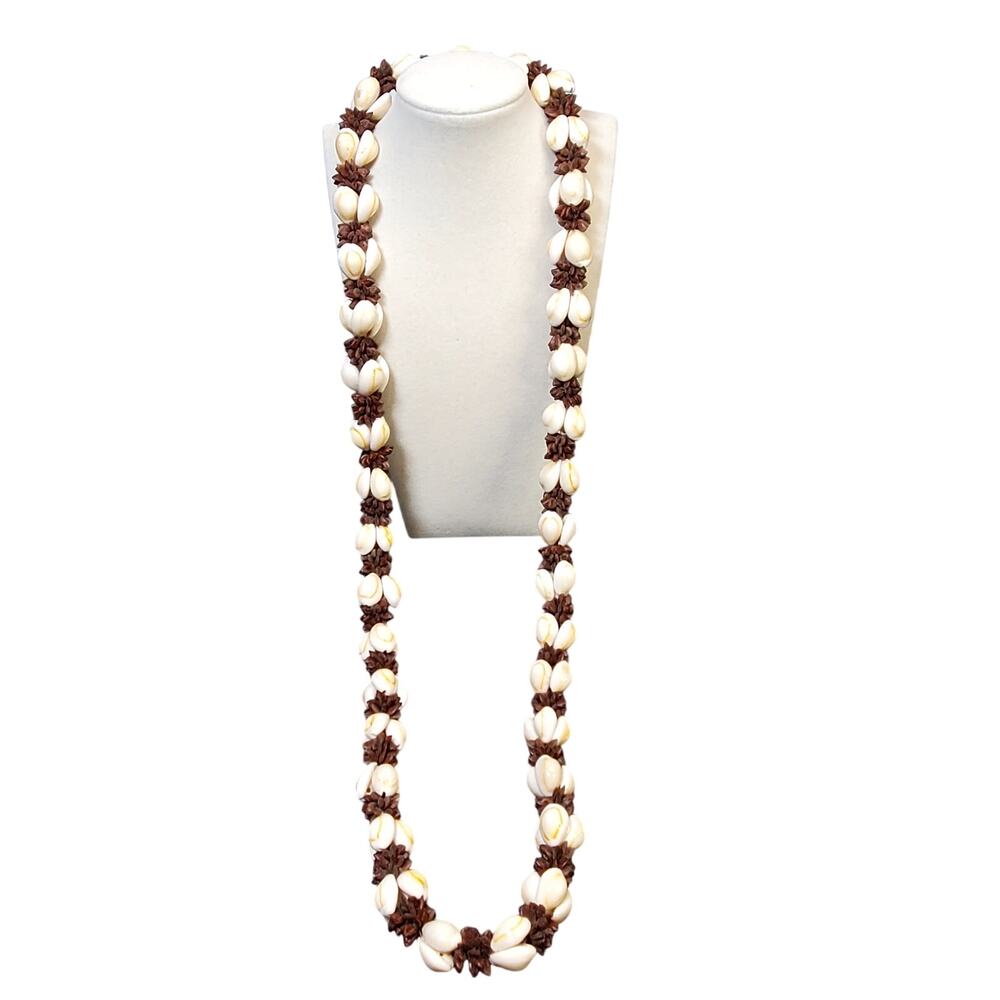 Hilo Hatties Necklace Brown Seed Pod Cowrie Shell Clusters Bead Strand 18" Vtg
